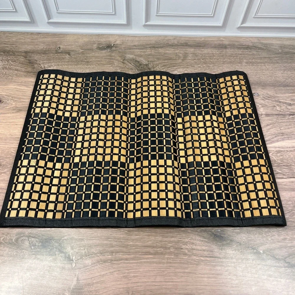 Liberty Procurement Placemats Set of 4 13x19 Black Tan Bamboo Checkered 18322